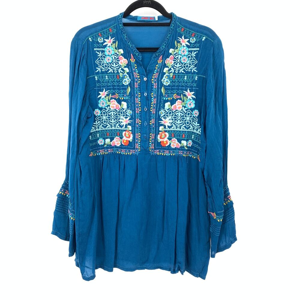 Johnny Was Tunic Top Womens L Blue Floral Embroidered Boho Bell Sleeve Blouse